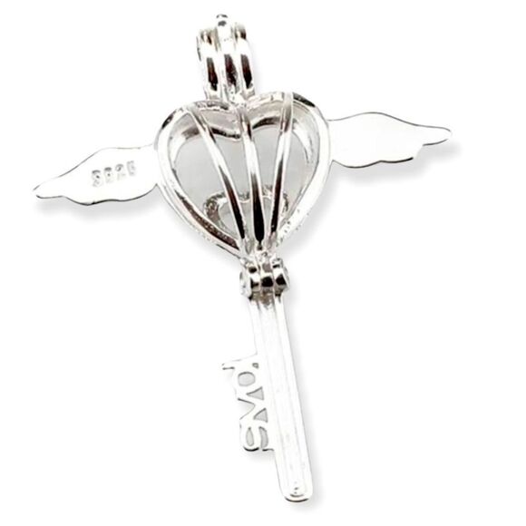 Sterling Silver Heart Winged Skeleton Key Pendant Necklace - NEW - Picture 3 of 5